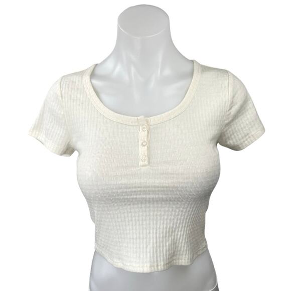 Wild Fable White Ribbed Knit Scoop Neck Short Sleeve Henley Crop Top Size XS - Picture 1 of 4